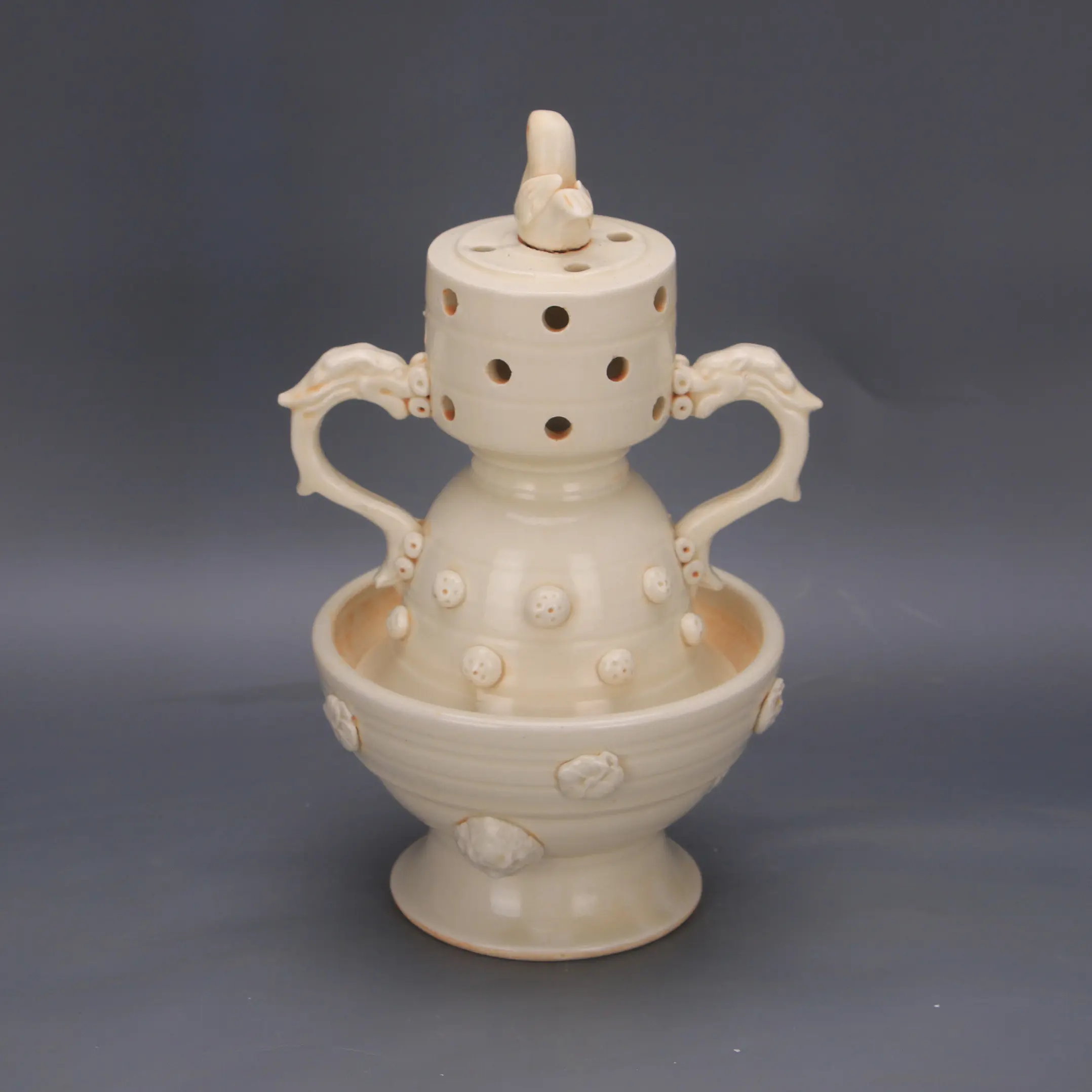 Song Dynasty Ding Ware Rice Yellow Glaze Carved Double Dragon Openwork Handles Incense Burner Vintage Home Decor Collectible