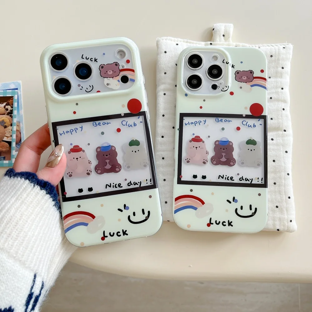 

Cute hollow photo frame three bears mobile phone case, suitable for iPhone14/15/16Pro Max, cute new shockproof protective case