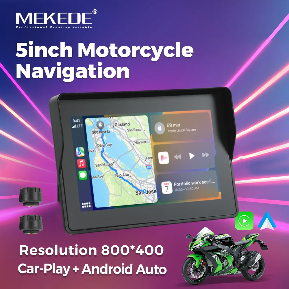 MEKEDE Portable 5 inch IP67 Waterproof Motorcycle Display Screen Dashboard TPMS GPS Navigation Wireless Carplay Android Auto BT