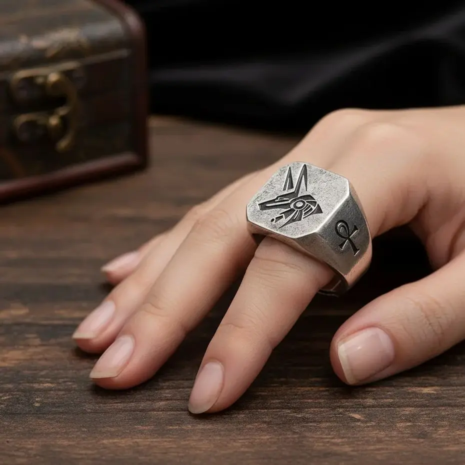 

Vintage Anubis Ring for Men 925 Sterling Silver Adjustable Egyptian God Jewelry Ancient Egypt Mythology Gift for Him