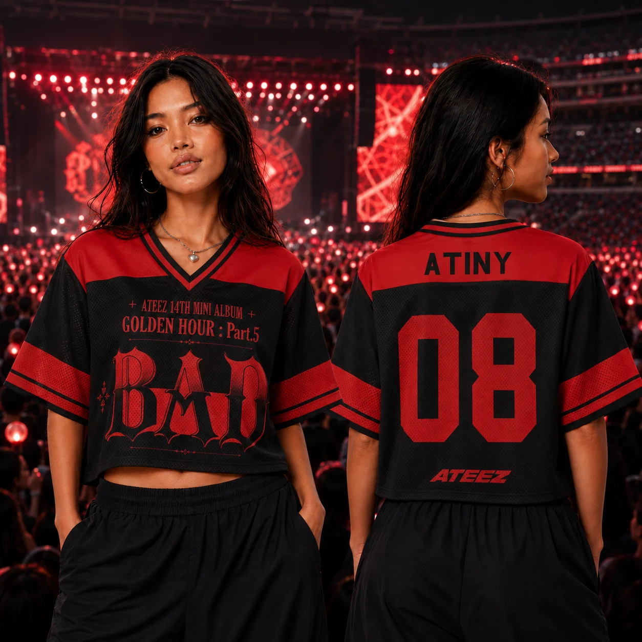 Kpop ATEEZ GOLDEN HOUR Part.5 ATINY 08 Cropped Jersey Black Red V-Neck Crop Top Women T-shirt ATINY Fan Concert Streetwear Tee