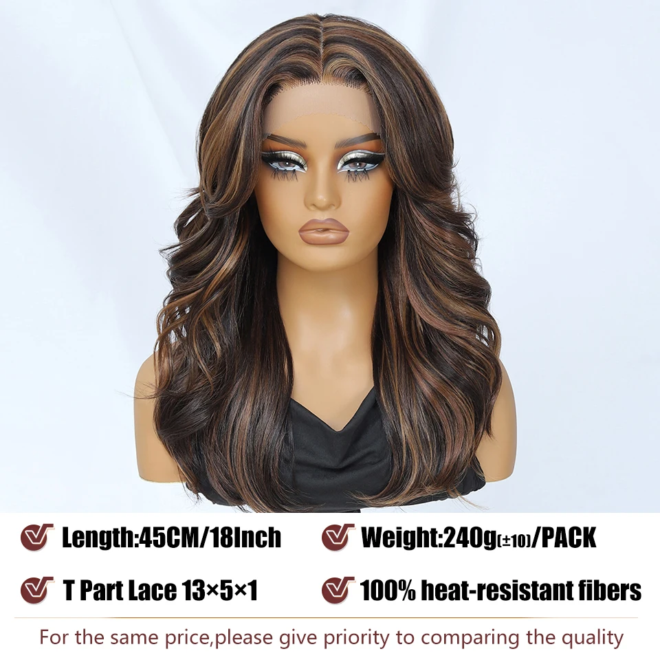 Wig Lace Front 18 Inch, Wig Sintetis untuk Wanita Afrika, Model Body Wave, Wig Lace Front T Part Pirang Hitam dengan Serat Tahan Panas Tinggi
