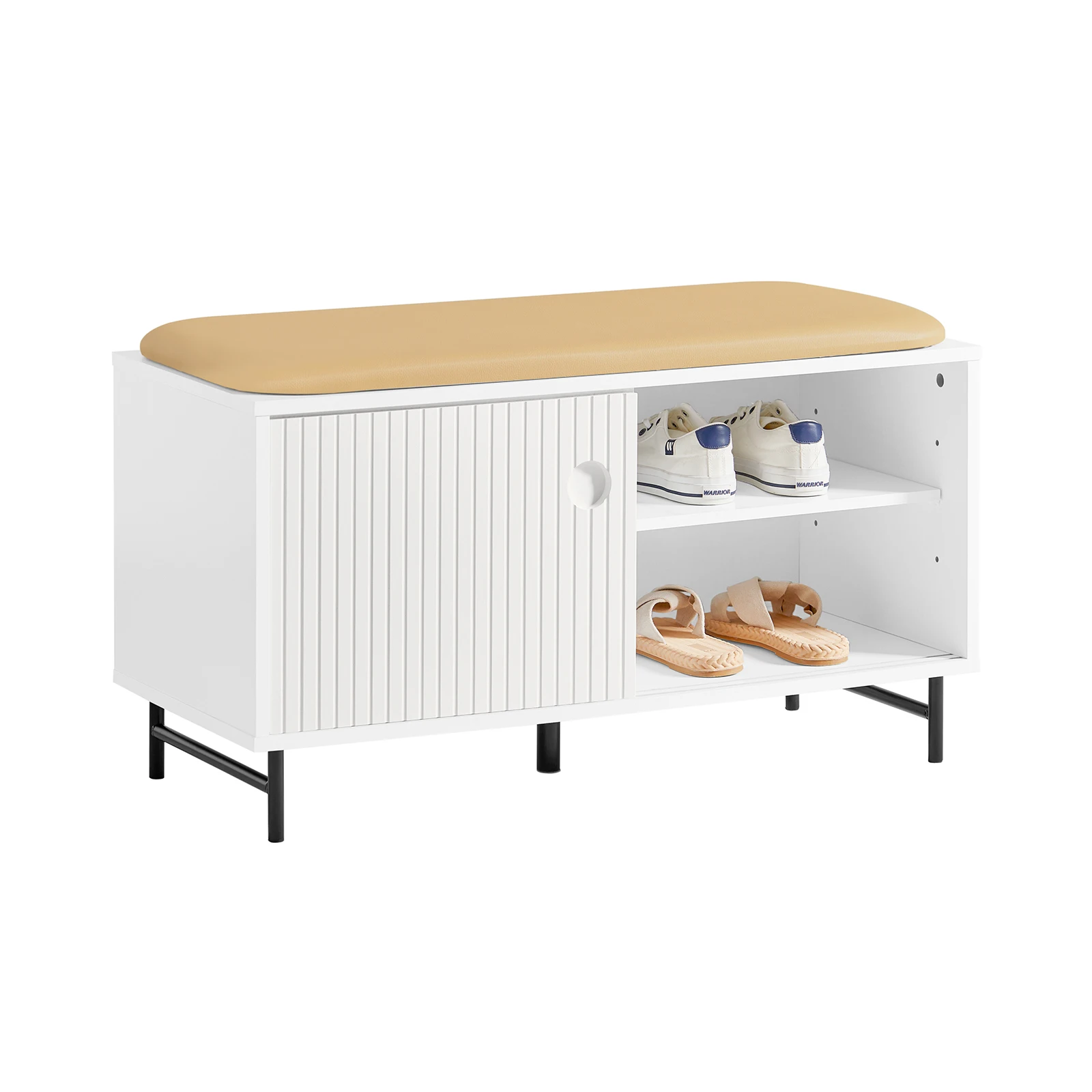 SoBuy FSR116-W Banco de zapatos con asiento y puertas correderas Banco con almacenamiento Cómoda para zapatos armario banco asiento cómoda Zapatero