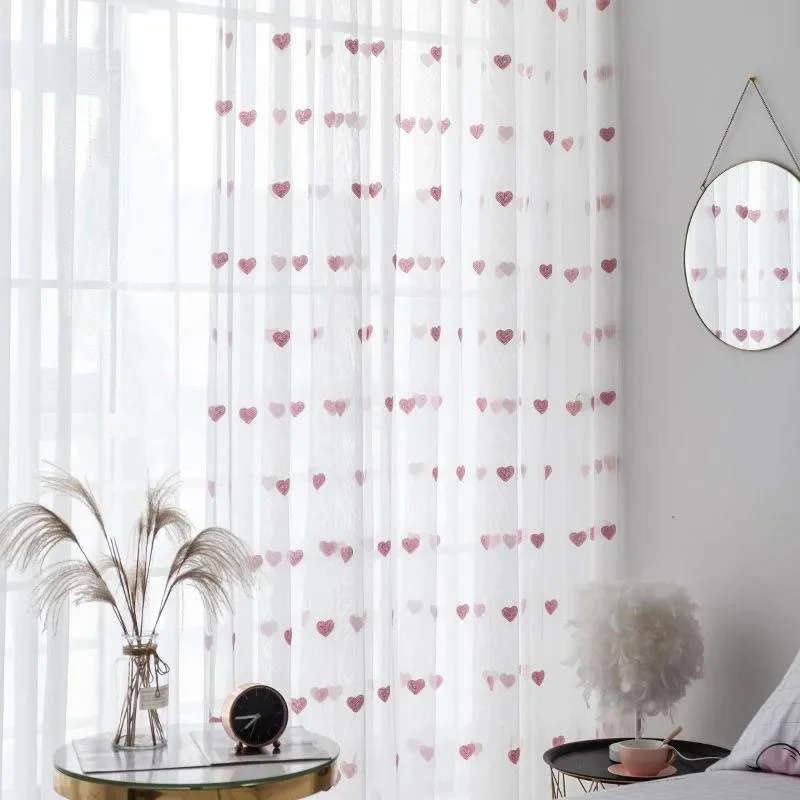 Rideau en Tulle brodé de cœur d'amour rose pour Girly coréen, Style princesse douce, rideau en Voile Transparent blanc pour chambre de fille