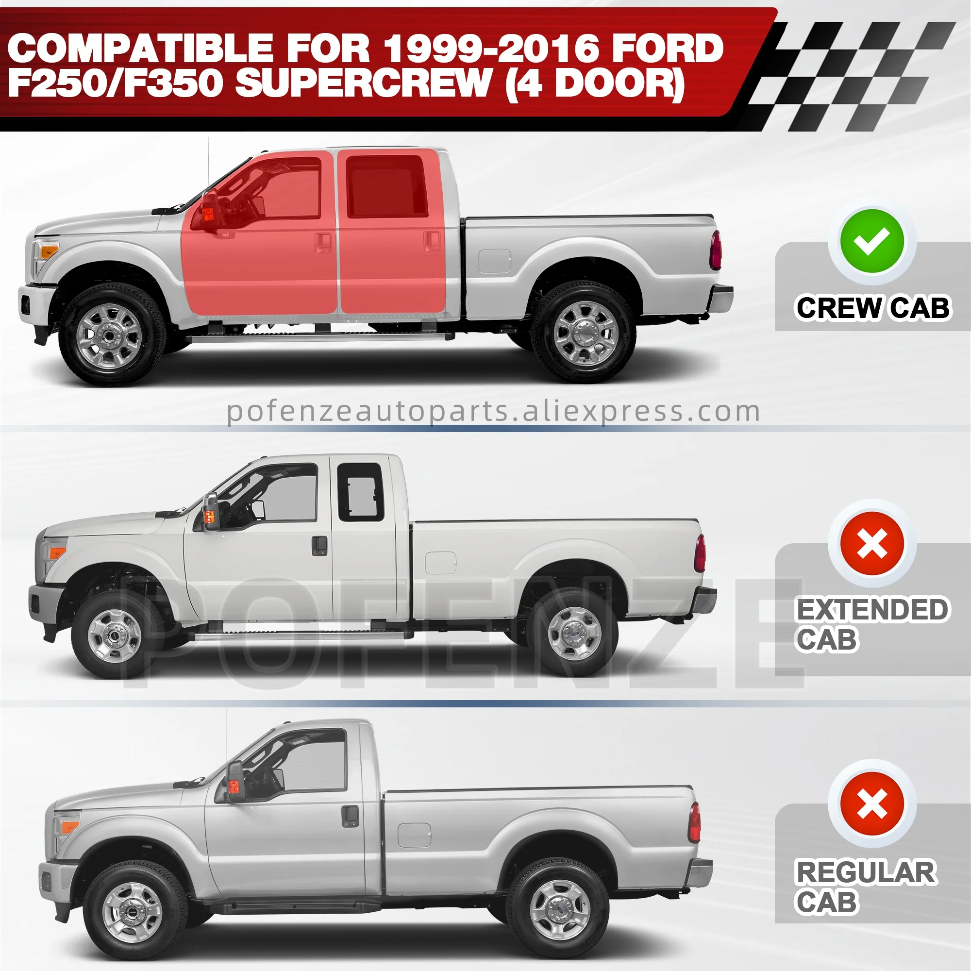 خطوة جانبية للحماية من الصدأ، لوحات تشغيل لـ 1999-2016 Ford F250 SuperCrew 4-Door - سرجين من الفولاذ الكربوني المطلي باللون الأسود