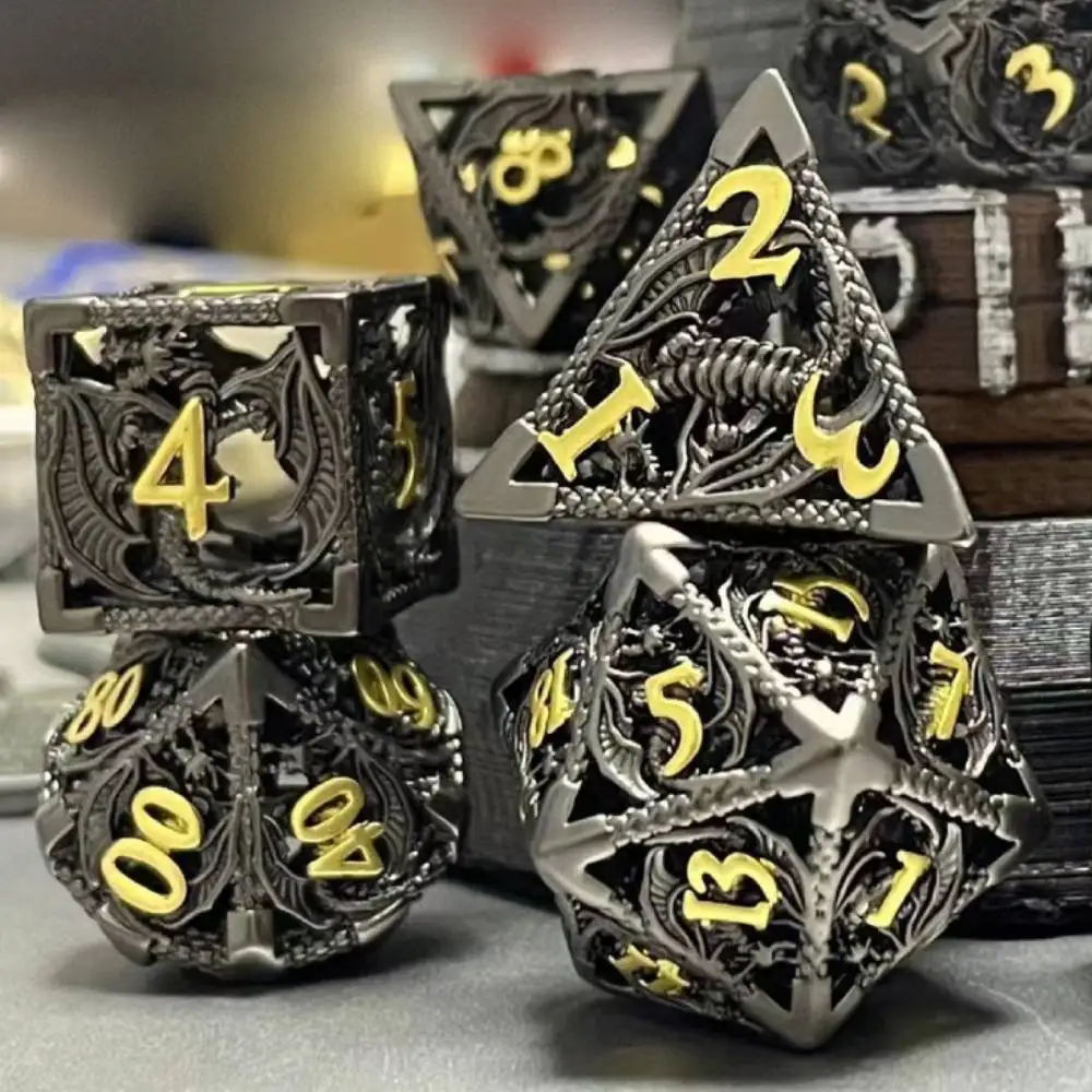 Exquisite Hollow Metal Dragon Dice Polyhedral Dice Set Blue Silver Heavy RPG DND Dice for Tabletop Role Playing Board Games Cube