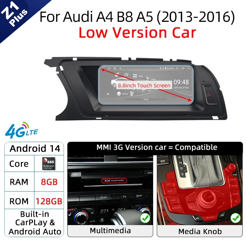 Android 14 Draadloze Carplay Autoradio voor Audi A4 B8 A5 2008-2017 GPS Autoradio IPS Touchscreen Multimedia Android Auto BT DSP
