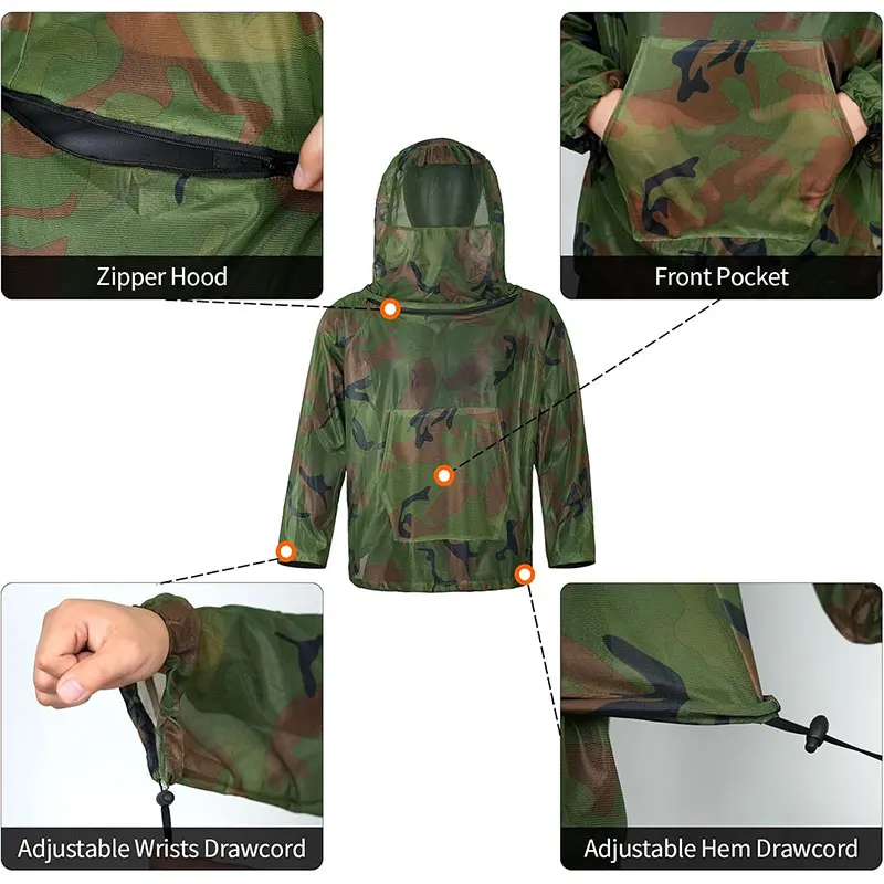 Woodland Camouflage Anti-mosquito Beekeeping Suit Camping Disguise Beekeeper Mesh Hood Hunting Ghillie Suits Fishing Clothes view 3