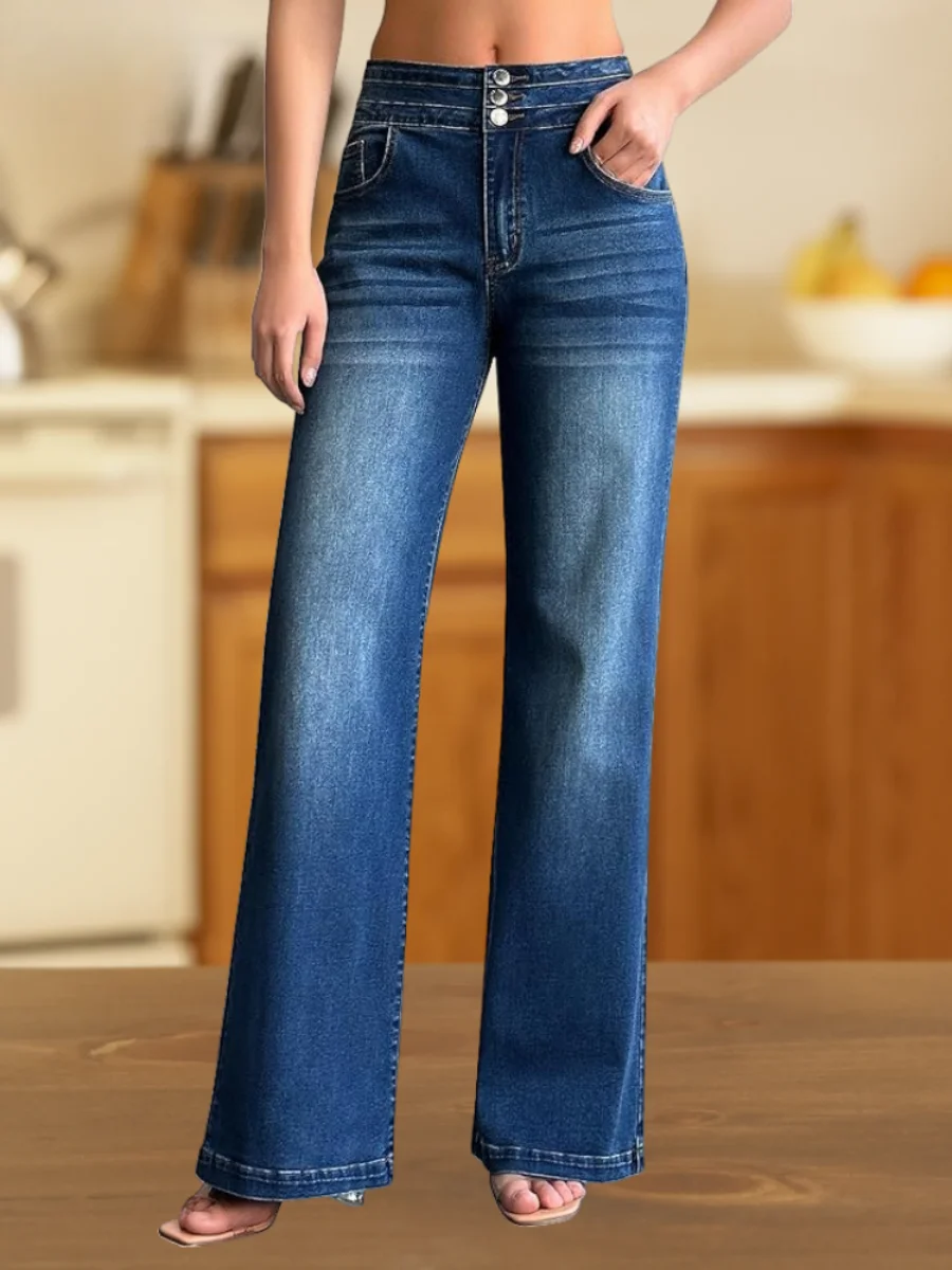 【HME】Jeans | Triple‑Button High Waist Wide‑Leg Denim Pants, Women Loose Flared Denim With Natural Washed Finish, Contrast Stitch Stretch Fabric, Figure‑Hiding Casual Pants For Daily Commute