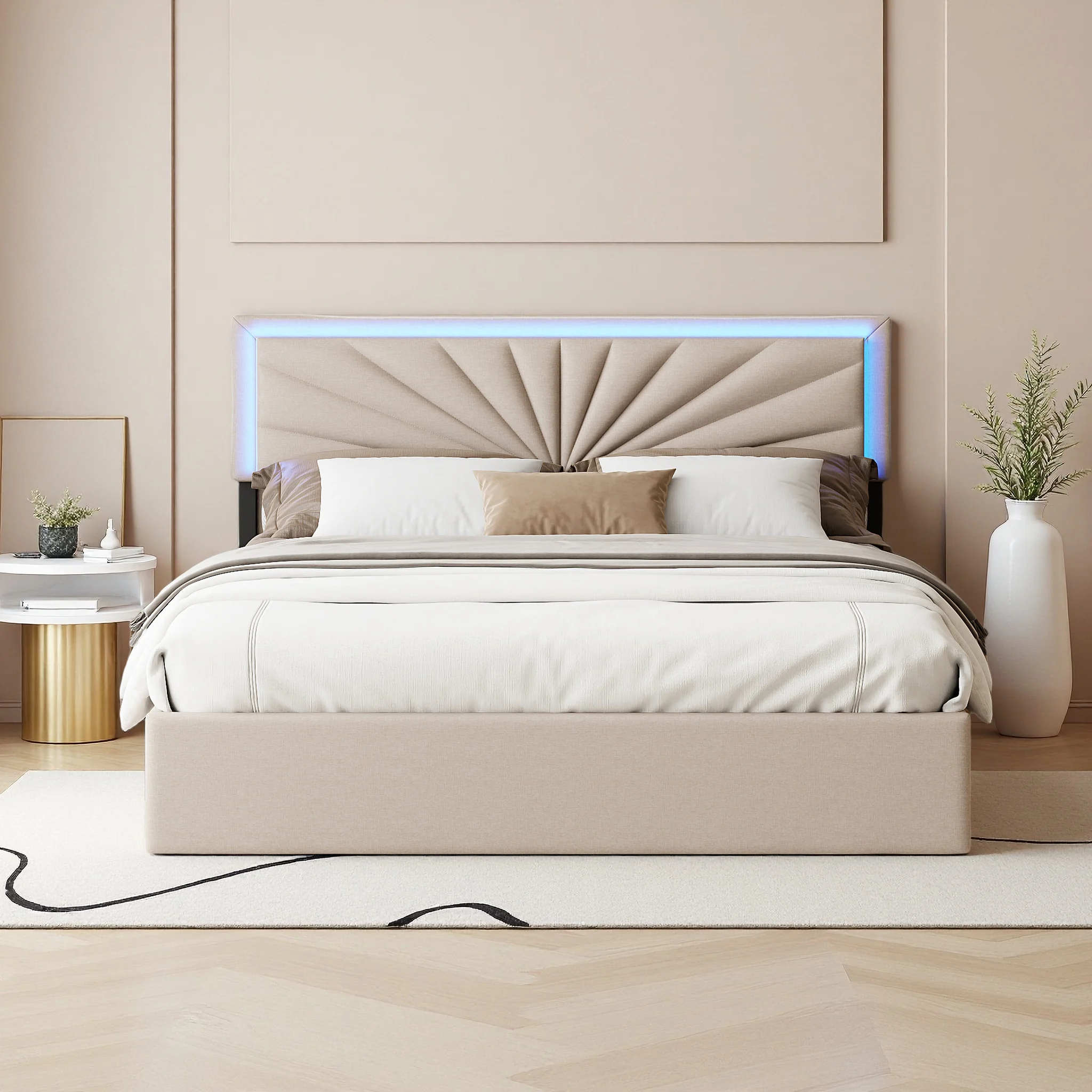 Superaly 140x200cm gestoffeerd bed met 4 lades en LED-verlichting en verstelbaar hoofdeinde, tweepersoonsbed met opbergruimte voor slaapkamers, linnen, beige
