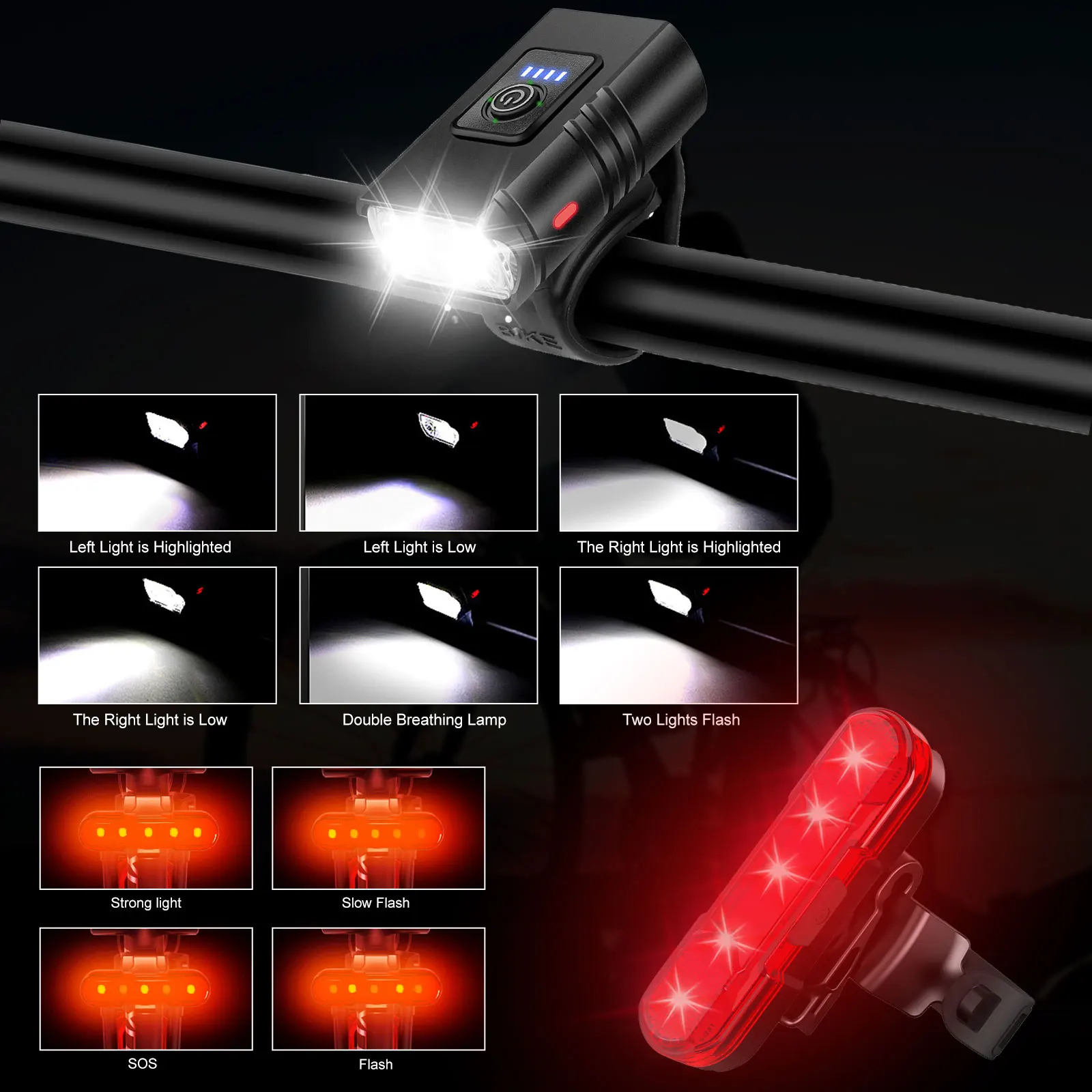 360°Rotatable Bicycle Light USB Rechargeable Bike Headlight with Tail Light for Road Cycling Night Riding Outdoor Activities