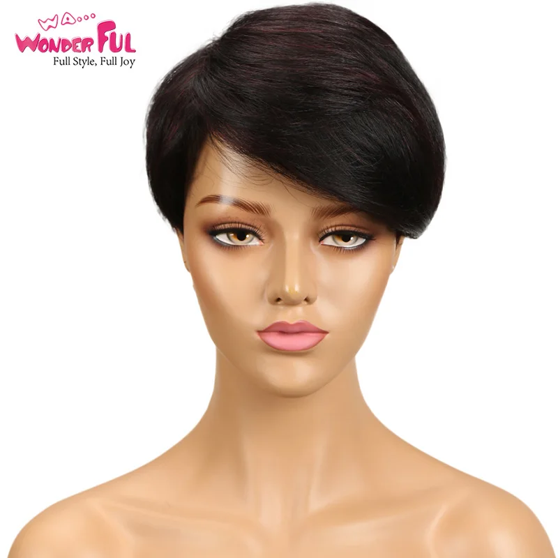 Short Pixie Cut Wig for Black Women Human Hair Glueless Wig Ombre 99J Burgundy Black Short Straight Pixie Wig Bob Hair Daily Use