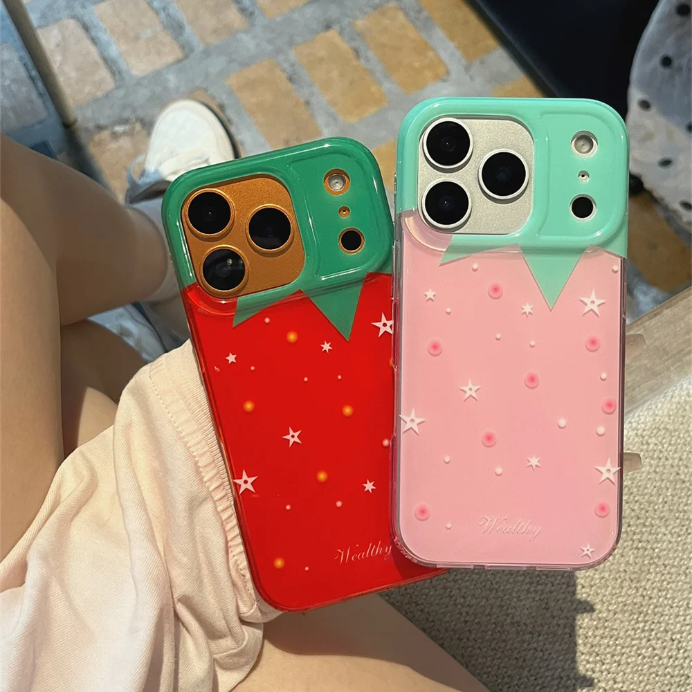 เคสโทรศัพท์แบบดูดติดลายดาวสตรอว์เบอร์รี่น่ารักสไตล์เกาหลี สำหรับ iPhone 17 16 Pro 15 14 Pro Max 13 16 Fundas Kawaii ป้องกันรอยขีดข่วน