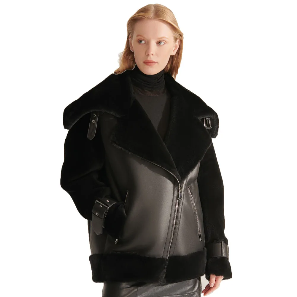 Denny&Dora Black Leather Jacket - Warmest Winter Coats, Women's Fashion Shearling Jacket with Big Lapel