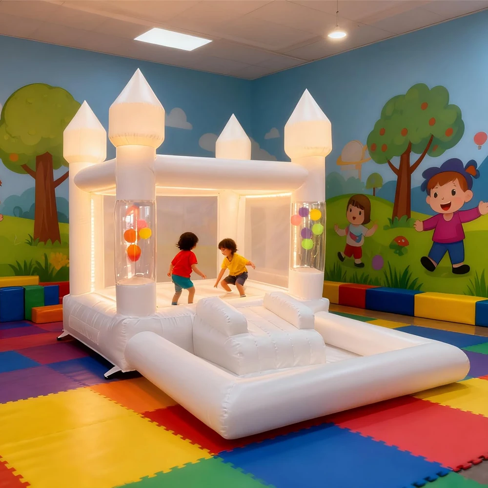 

Balloons PVC 13x8Ft Inflatable White Bounce House Castle W/Slide & Ball Pit Kids Jumper Bouncy Castle For Birthday Party