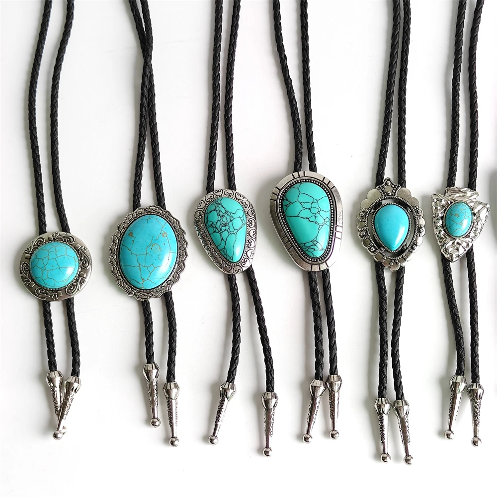Vintage Western Turquoise Bolo Tie for Men Women Cowboy Neck Tie Adjustable Leather Cord Rodeo Western Accessories