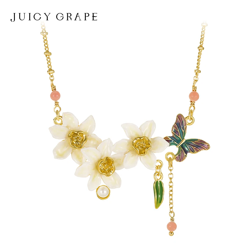 Juicy Grape 2024 New Daffodil Butterfly Necklace for Women 18k Gold Plated Handmake Enamel Necklace Birthday Party Jewelry