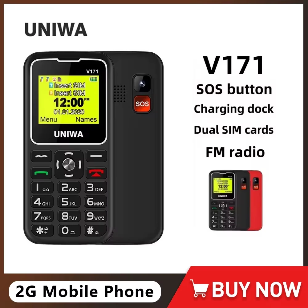 1PCS/3PCS UNIWA V171 GMS Mobile Phone For Elderly Man 2G Feature Phone Wireless FM 1000mAh Cellphone SOS Free Charging Dock