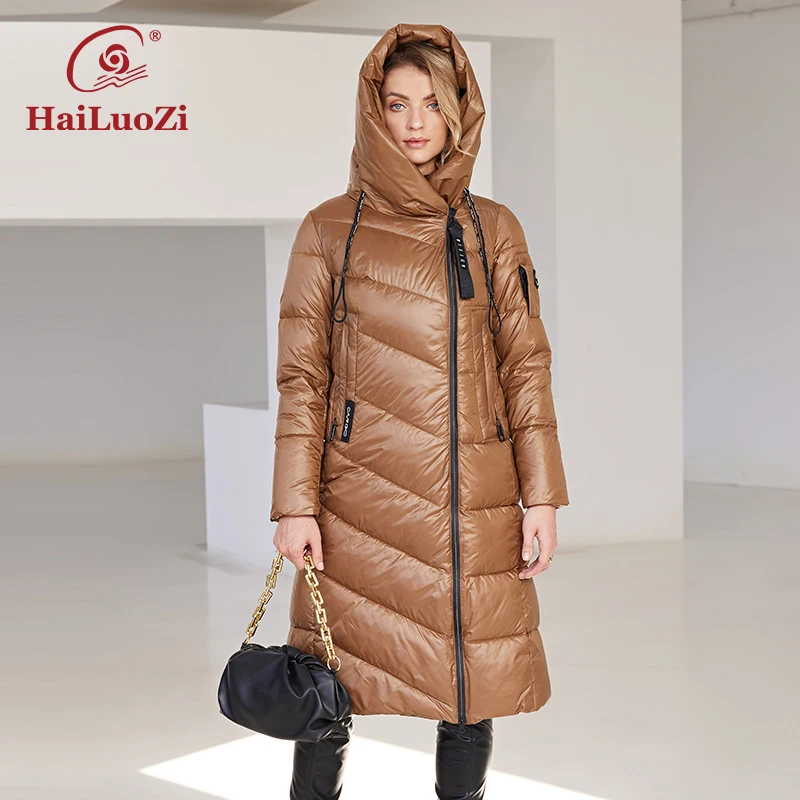 HaiLuoZi 2022 New Women\'s Winter Jacket Long Warm Windproof Hooded Zipper Quilted Casual Slim Cotton Lady Parkas Women Coat 6055