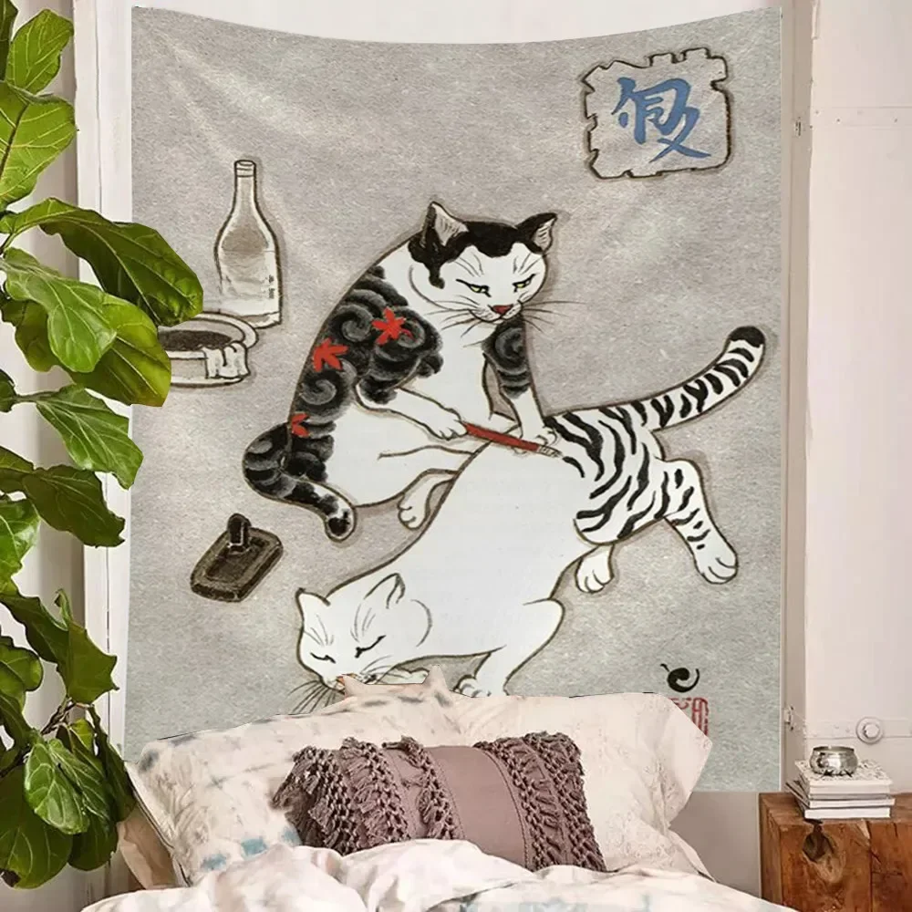 Tapisserie murale de tatouage de samouraï japonais, chat d'anime, art mural de dessin animé Kawaii, image d'impression de chambre à coucher, décorations de salon