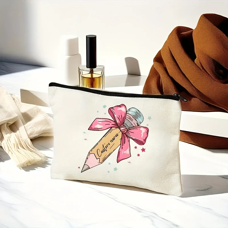 Customizable Teacher Makeup Bag with a Pink Bow and Pencil Design - Personalized Pouch, Suitable for Back-to-school Season