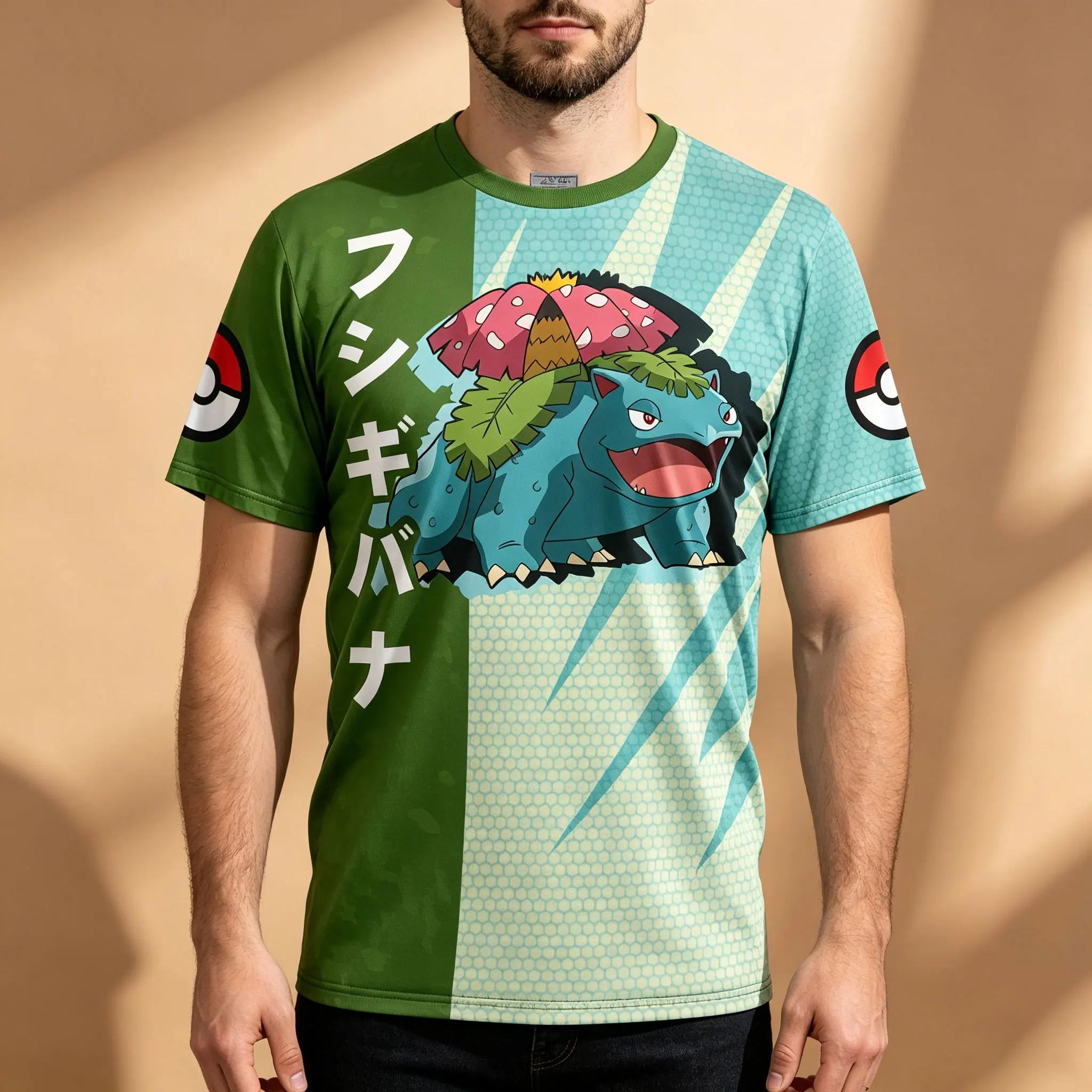 Herren-T-Shirt mit Pokemon Venusaur-Motiv, japanischer Text, geteilte Farbe, vollflächiger Druck, atmungsaktiv, schnell trocknend, hochelastisch, Rundhalsausschnitt, Anime-Streetwear