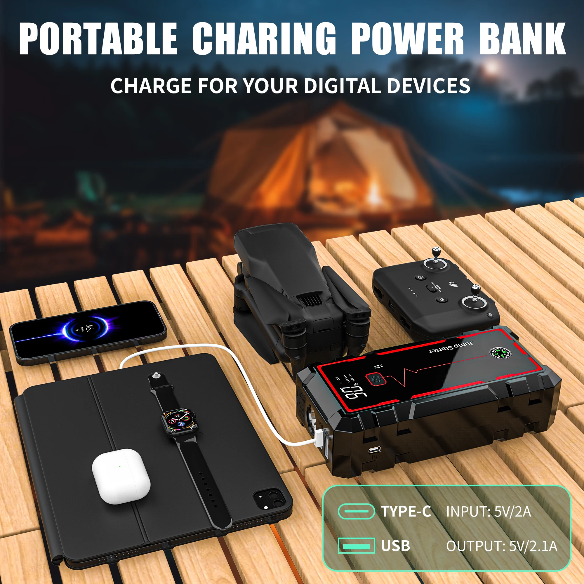 2000A Auto-Starthilfe 12V Tragbarer Batterie-Booster 4-in-1 Powerbank mit LED-Licht Notfall-Auto-Starthilfe für Autos, LKWs, Motorräder, SUVs, Starthilfe bei Kälte bis zu -45 Grad °   C