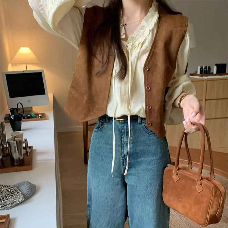 Korean Style Spring Summer Autumn V-neck Laid Vintage Oxford suede button Best Oveter Vest