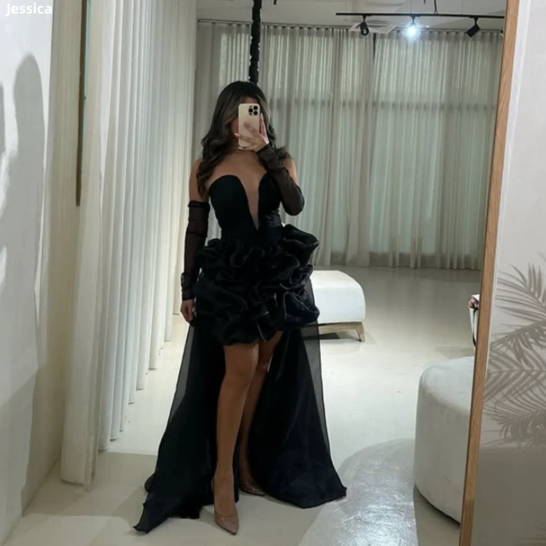 فساتين سهرة من الساتان المكشكش من Jessica باللون الأسود خارج الكتف فساتين حفلة موسيقية قصيرة رائعة فساتين حفلات الأميرات حسب الطلب