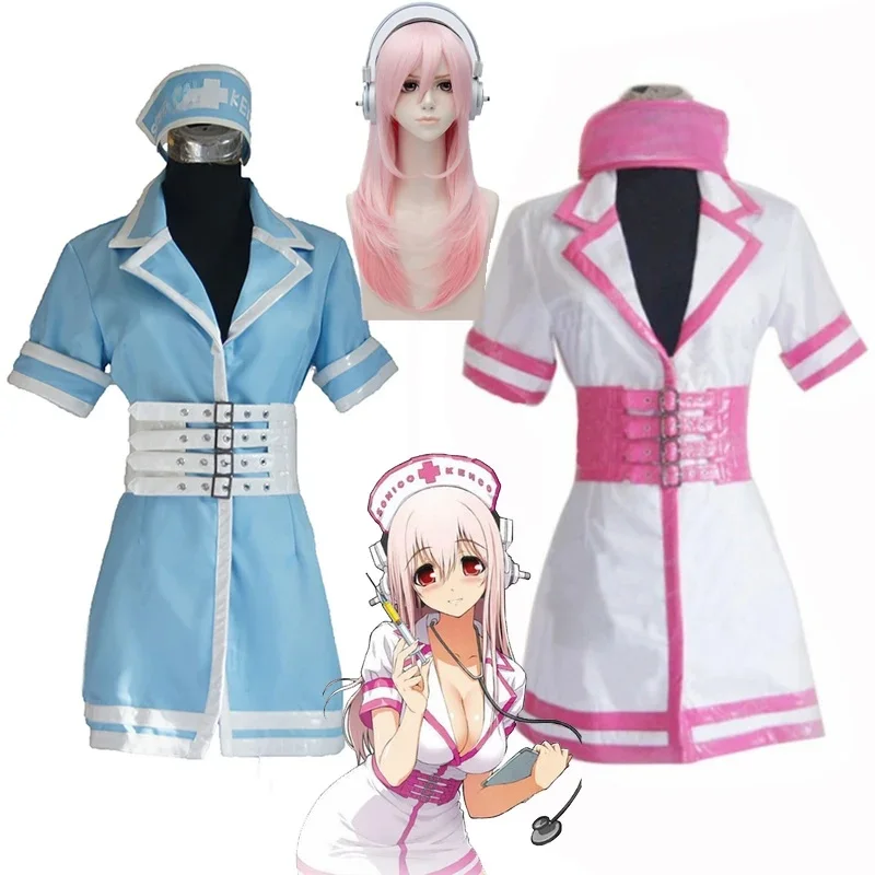 2020 Super Sonico SONICOMI strój pielęgniarki przebranie na karnawał strój Supersonico 60cm długie różowe włosy typu Ombre żaroodporne peruka do Cosplay — zdjęcie 2