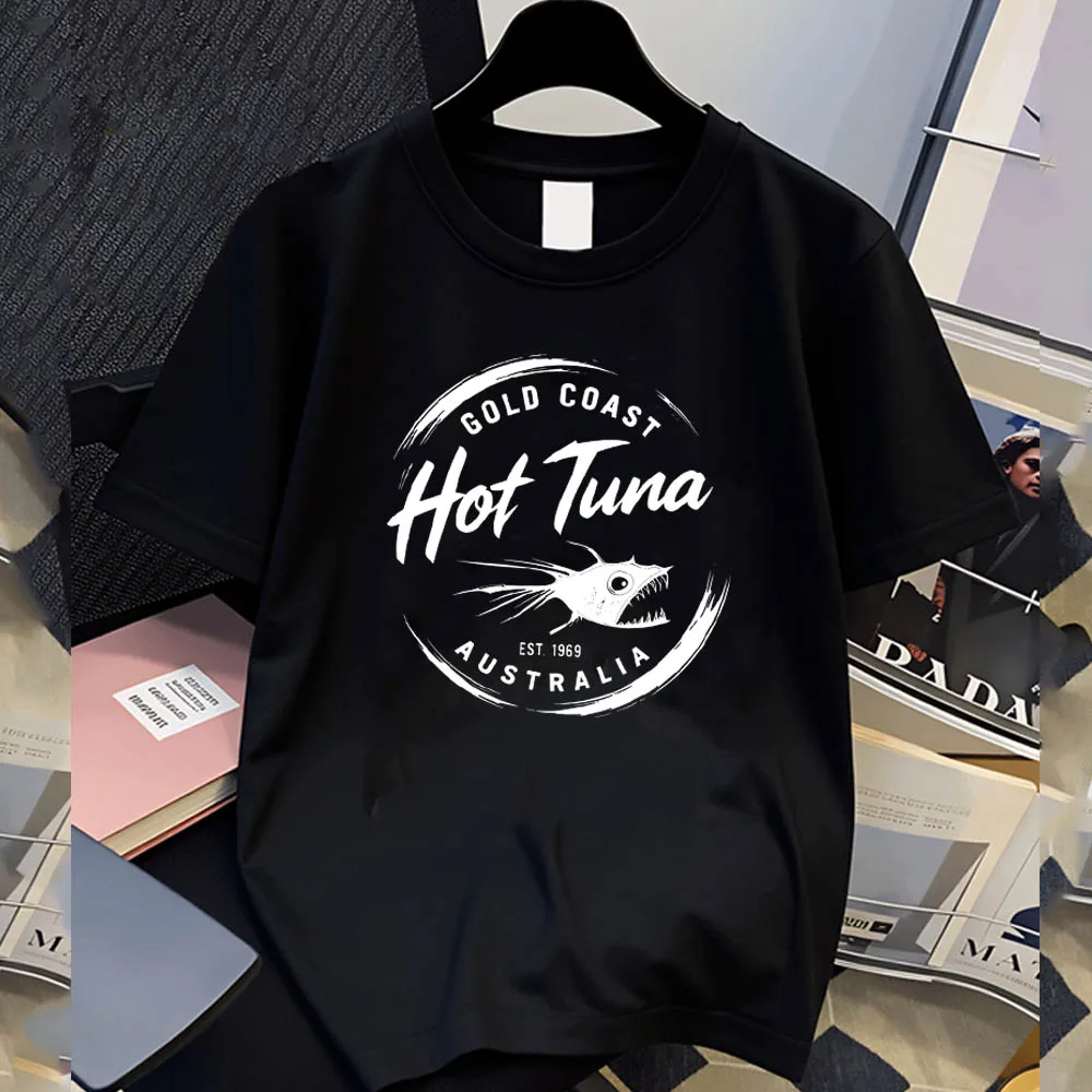 American Retro Washed Plus Size Men'S T-Shirt Hot Tuna Healthy Fish Print Short Sleeve Golden Coast Surfing Street Style Top