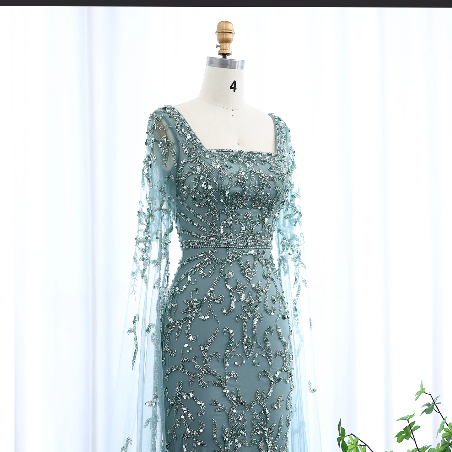 Sharon Said 2026 Luxuriöses Arabisches Türkisfarbenes Abendkleid mit Cape-Ärmeln, Quadratischem Ausschnitt, Arabian Nights Ballkleid SS469 Maßanfertigung – Detail 13