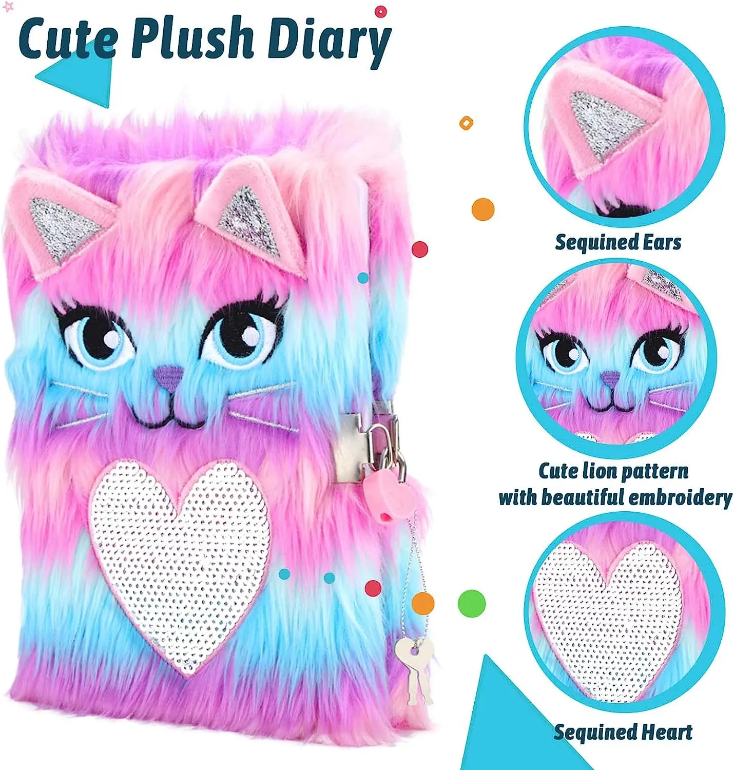 Diary for Girls with Lock and Keys,Cute Lion Plush Diary Book Set Gift with Coin Purse,Plush Pen,Bracelet and Stickers