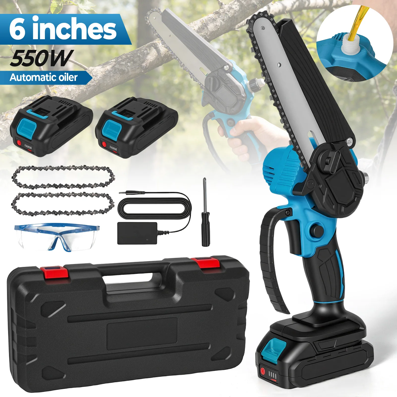 Mini tronçonneuse sans fil 21V de 6 pouces avec lubrification automatique et 2 batteries, coupe-branches électrique 550W pour l'élagage de jardin, le camping, le bricolage