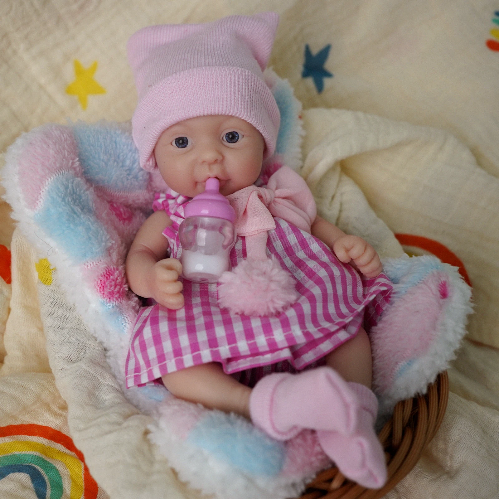 Reborn Baby Doll - 7 Inch Mini Silicone Realistic Newborn Baby Doll, Washable Baby with Feeding Kit-Pink