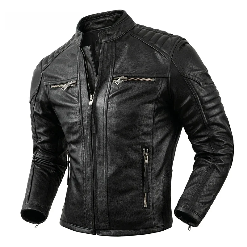 Nieuwe motorfiets causale vintage leren jas heren herfst outfit mode biker pocket ontwerp toplaag koe lederen jas - afbeelding 2