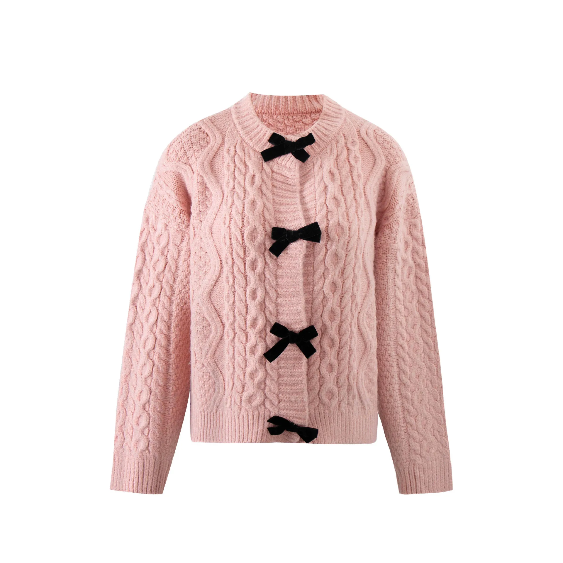 

Brogan-style sweater with bowknot trim, thick and soft fabric, vintage style, knitted in a twisted pattern