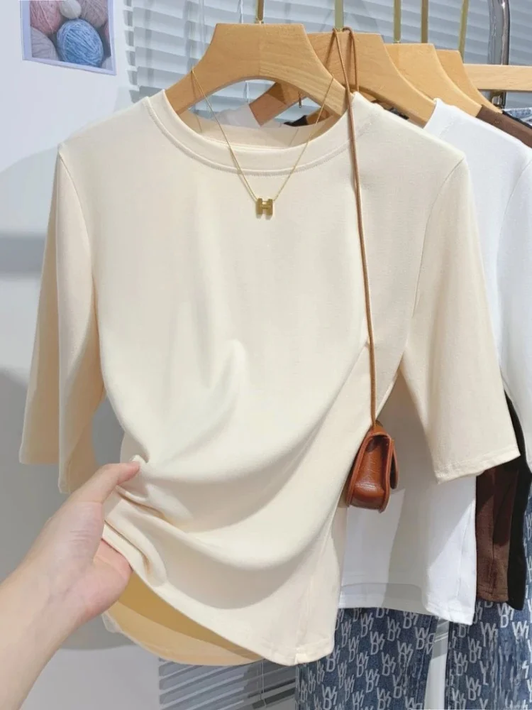 AOSSVIAO 2026 Été T-shirt Femme 100% Coton Basique Col Rond Tendance Uni Manches Courtes Hauts Chemises