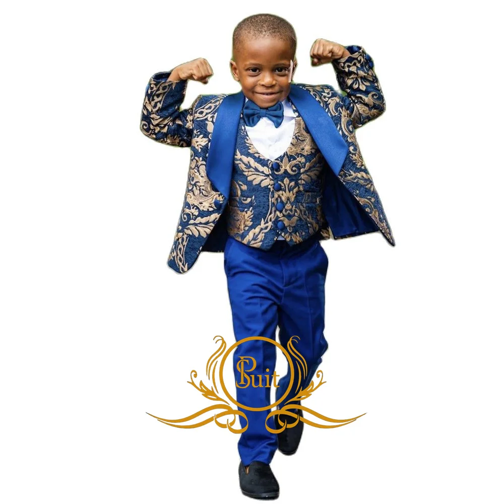 Gold Floral Boy Suit Jacket Pants Vest Bow Tie 4-piece Set Wedding Tuxedo for Kids Formal Boys Blazer