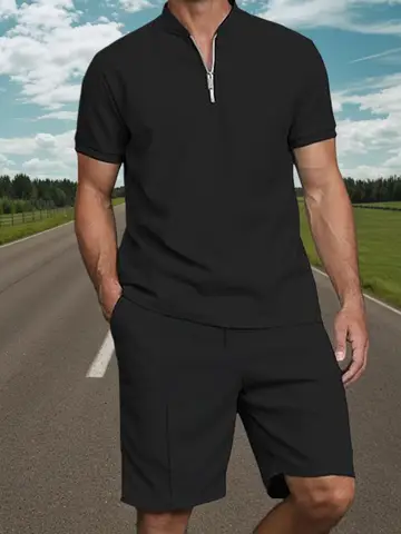 Herrkläder i två delar, casual, polotröja med kvarts dragkedja och shorts, sportig jogging-/sommarträningsoverall 10 best sales polotröja - №1