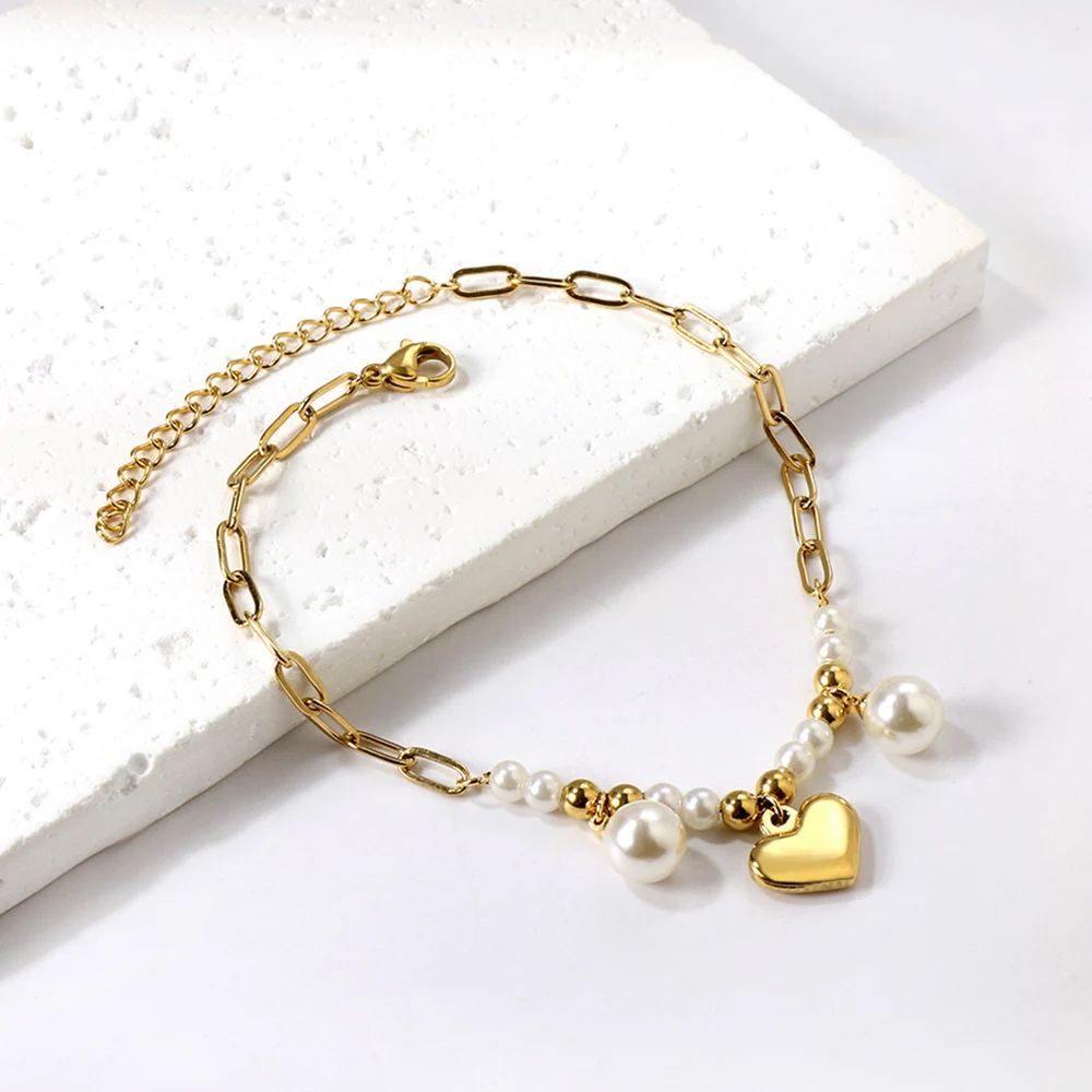 女性のための金メッキハートペンダントankets,魅力的でエレガントなジュエリー,ファッションの真珠のアクセサリー,足首のブレスレット,ステンレス鋼の贈り物