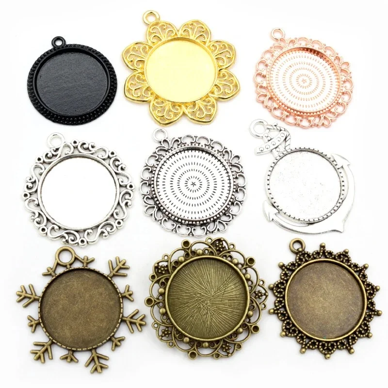 Nowa moda 5szt 25mm wewnętrzny rozmiar antyczne posrebrzane 5 kolorów przebity styl Cabochon baza ustawienie Charms wisiorek — zdjęcie 2