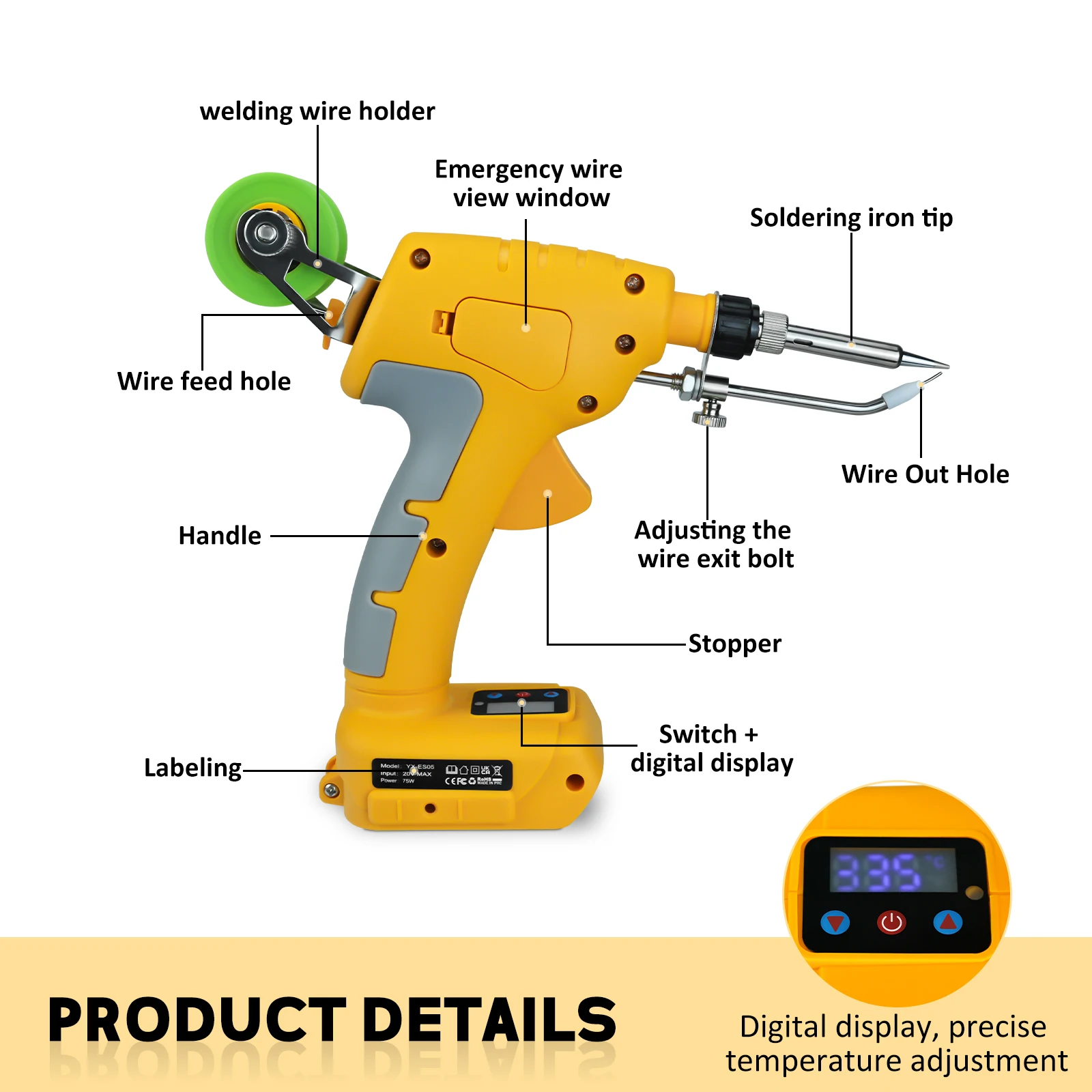 75W Draadloze Soldeerbout Kit Voor Dewalt 20V Batterij Led Digitaal Soldeerpistool Met 5 Stuks Tips & 50G Soldeerdraad (Geen Batterij)