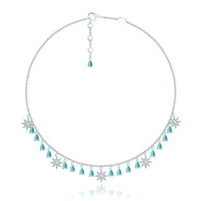 925 Sterling Silver Multi-Star Dangle Blue Turquoise Droplet Charm Pendant Necklace