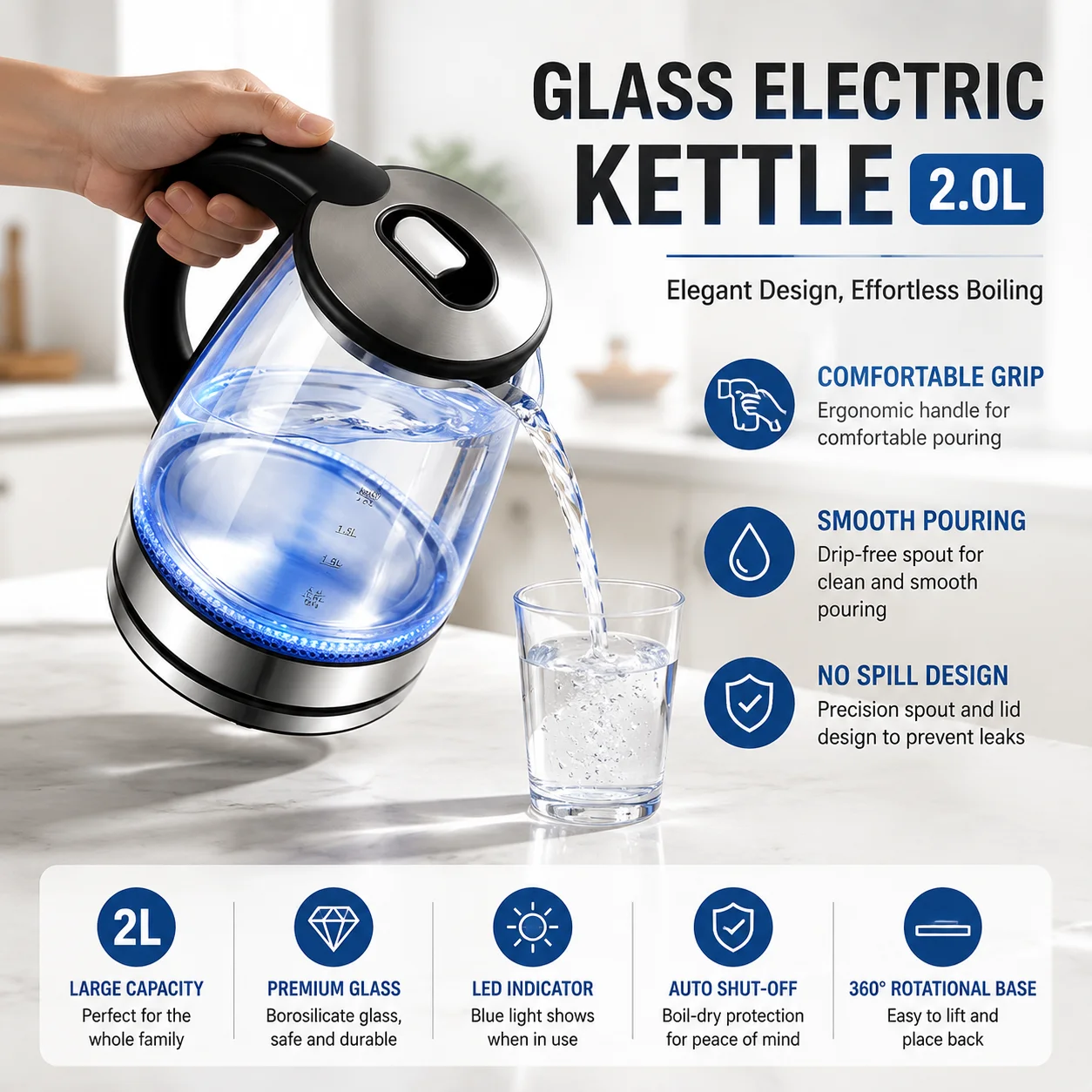 2L Glass Electric Kettle Blue LED Light Water Boiler, Borosilicate Glass Electric Water Heater with Auto Shut Off Boil Dry Protection for Household Kitchen