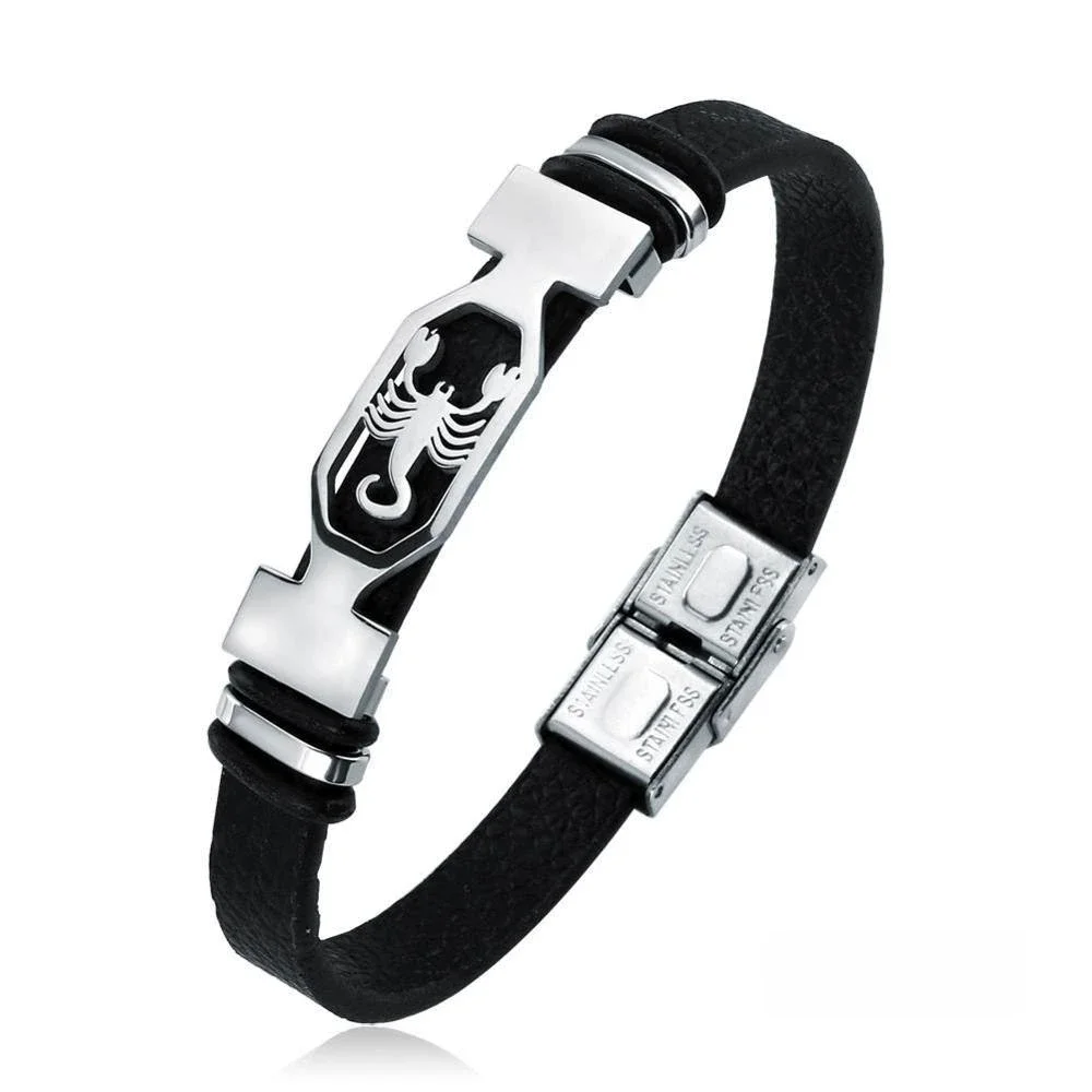 12-Sternbild-Edelstahl-Manschettenarmband für Herren und Damen, Sternzeichen, schwarzes Leder,