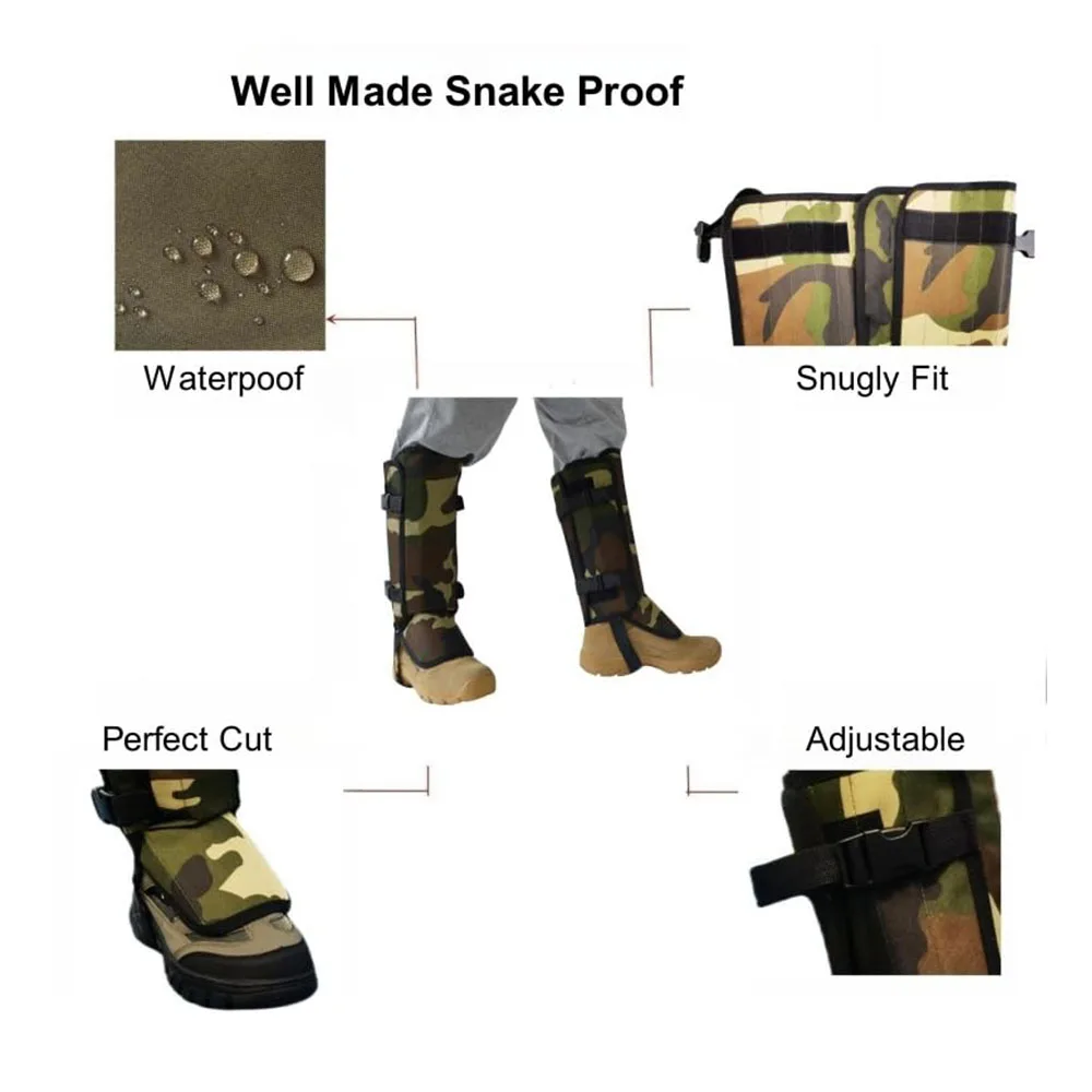 جراميق للساق مقاوم للأفعى، أكسفورد مقاوم للماء 1000D، مموه أخضر عسكري، تصميم بإبزيم قابل للتعديل، مقاوم للاهتراء والخدش