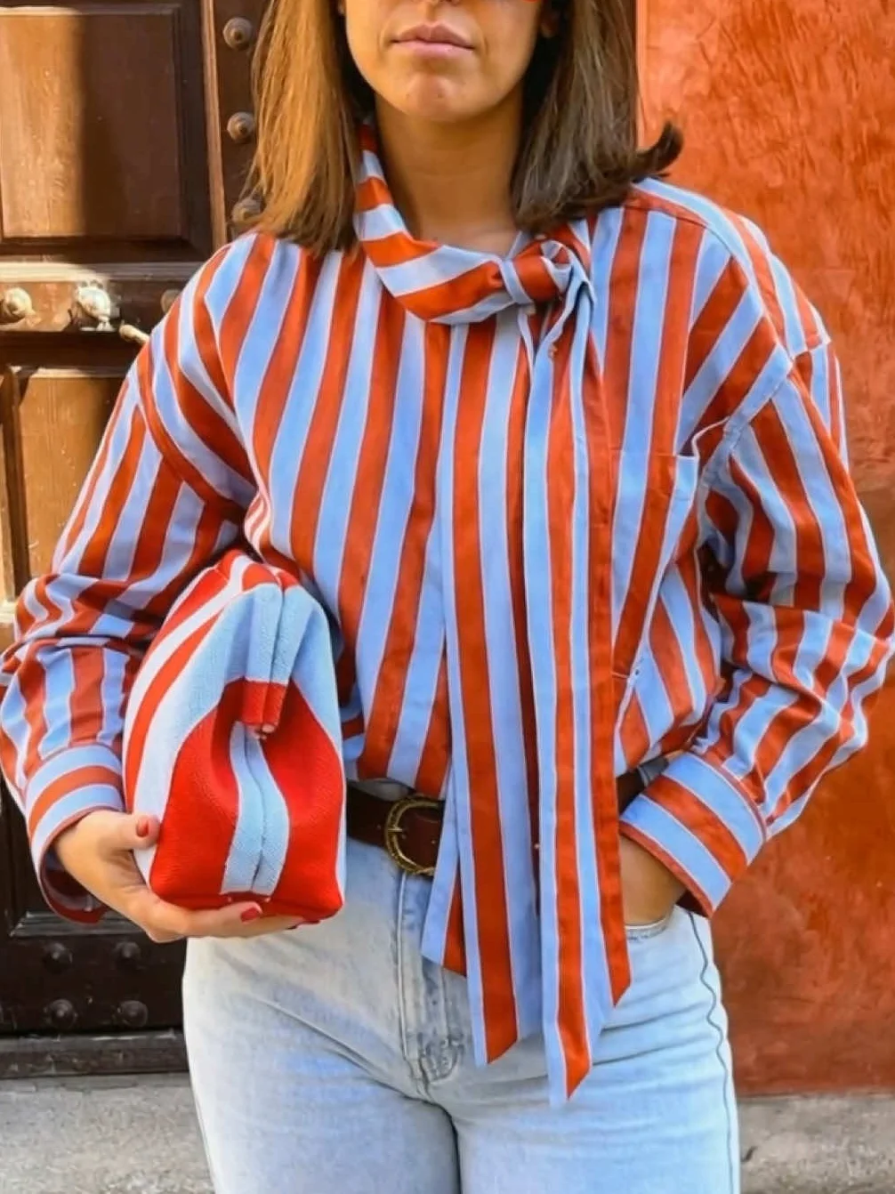

Fashion Striped Shirt Women Elegant Tie Neck Bow Blouse Long Sleeve Oversized Shirts Casual Loose Office Lady Tops Streetwear