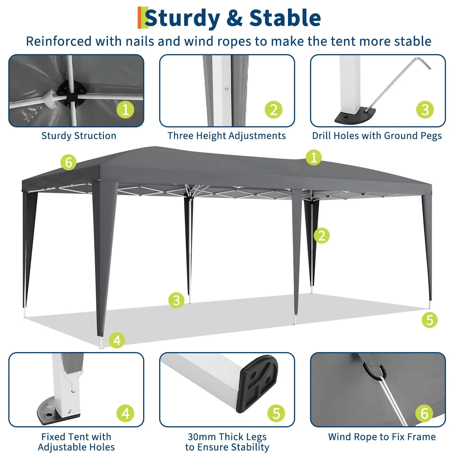 10x20 Pop Up Canopy Tent with 6 Removable Sidewalls, Easy Up Commercial Canopy Tents for Parties, Large Heavy Duty Outdoor Canopies with 3 Adjustable Heights, Stakes X18, Ropes X6, Grey view 5