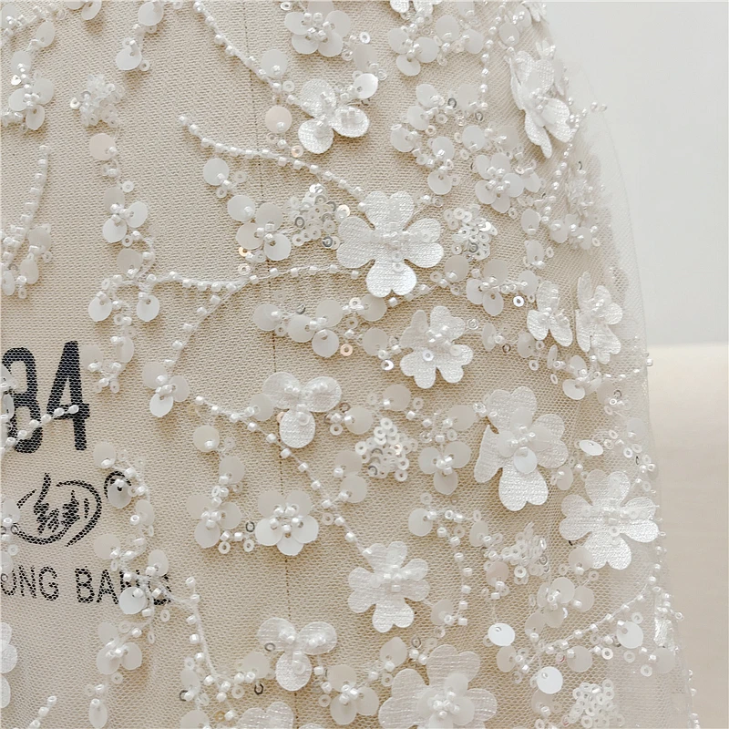 New beaded three-dimensional flower striped wedding dress Xiaohongshu popular dress embroidery lace fabric handmade DIY